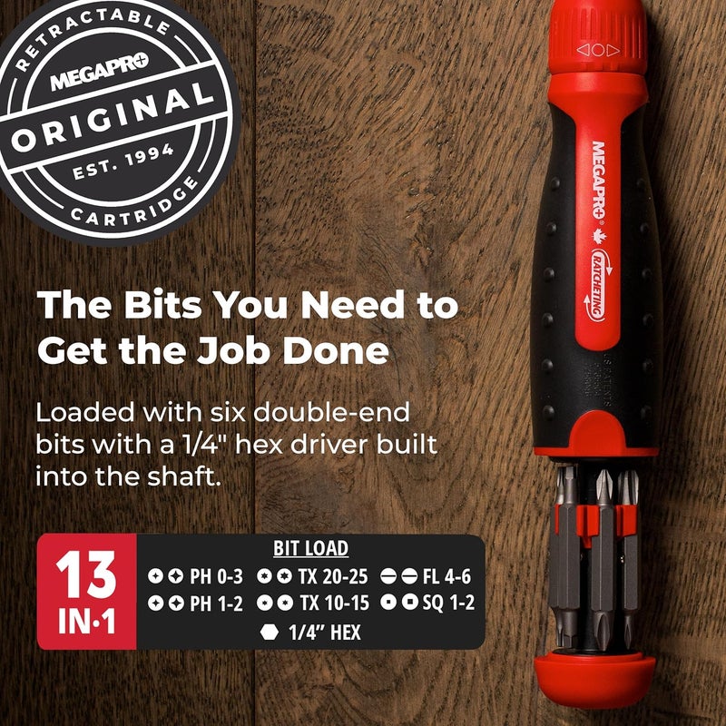 Megapro 13-in-1 Ratcheting Screwdriver with Pullout Bit Cartridge, Red, 1/4 Inch - Image 1